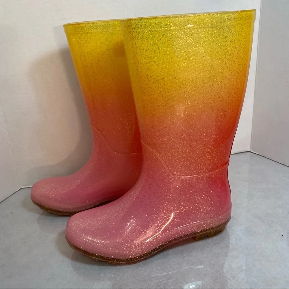 Cat & Jack Glitter Ombre Rain Boots Pink Yellow Size 2 Girls